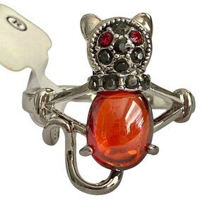 Vintage Kitty Cat Ring Size 7 8 Black Marcasite Crystal Rhodium Plated Red Belly